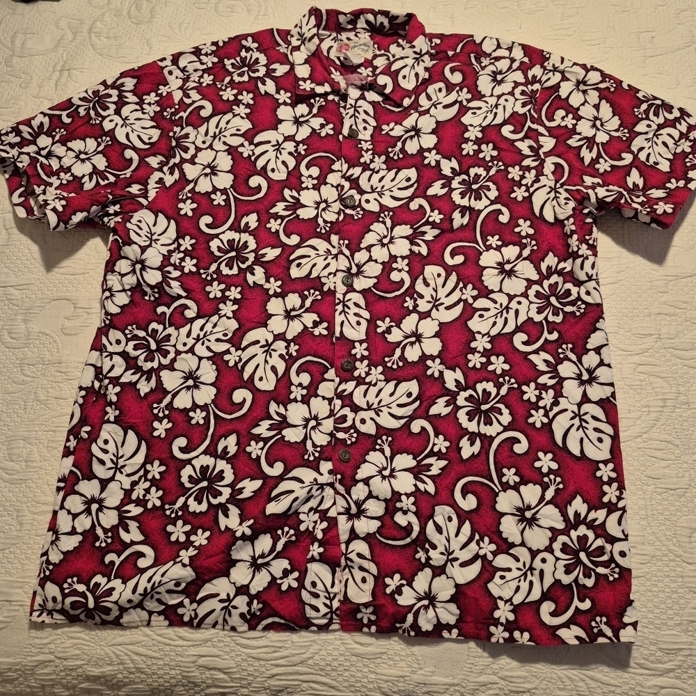 Hilo Hattie Red & White Hibiscus Floral Aloha Hawaiian Shirt 2XL USA Made